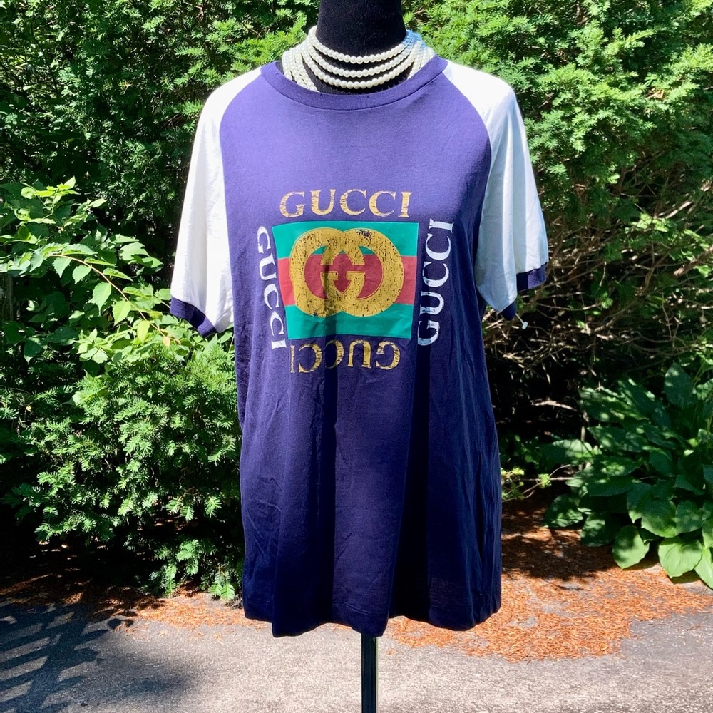 Authentic Gucci unisex Blue and White Classic Graphic T-Shirt